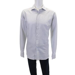 Canali Mens Striped Print Cuff Long Sleeve Button Down Shirt White Black Size 17